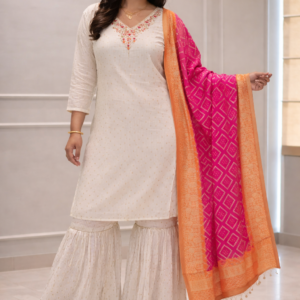 Elegant Off-White Kurta Set with Sharara & Pink Dupatta for Women | Festive Ethnic Wear