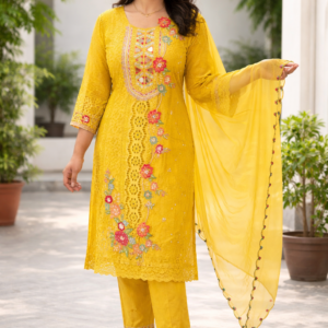Mustard Yellow Embroidered Straight Kurta Set with Dupatta for Women