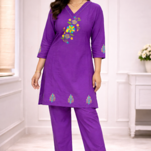 Women’s Purple Embroidered Kurta Pant Co-ord Set – Comfortable & Stylish Ethnic Wear