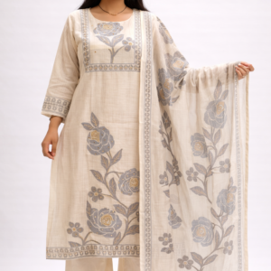 Beige Floral Printed Kurta Set with Palazzo & Dupatta for Women | Elegant Ethnic Wear