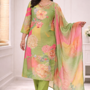 Floral Printed Green Kurta Set with Dupatta for Women