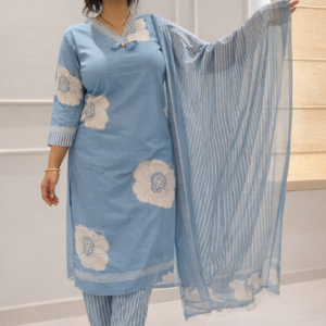 Sky Blue Floral Printed Kurta Set with Dupatta for Women | Elegant Ethnic Wear