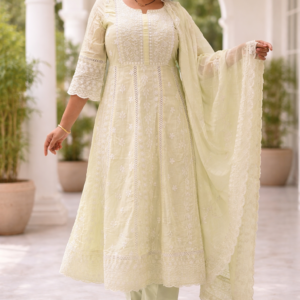 Pista Green Embroidered Anarkali Kurta Set with Dupatta for Women