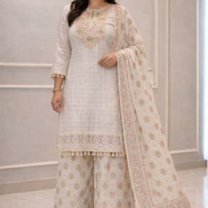 Off-White Embroidered Kurta Set with Palazzo & Dupatta for Women | Elegant Ethnic Wear