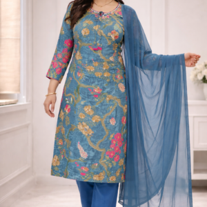 Elegant Blue Floral Printed Kurta Set with Dupatta for Women