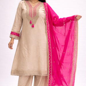 Beige Embroidered Kurta Set with Pants & Pink Dupatta for Women | Festive Ethnic Wear