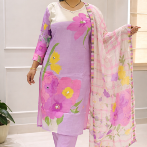 Pastel Lilac Floral Printed Kurta Set with Dupatta for Women | Summer Ethnic Wear