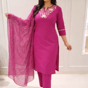 Rani Pink Embroidered Straight Kurta Set with Dupatta for Women