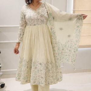 Ivory Floral Printed Anarkali Kurta Set with Dupatta for Women