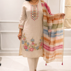 Beige Floral Embroidered Straight Kurta Set with Multicolor Dupatta for Women