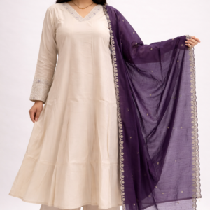 Beige Anarkali Kurta Set with Palazzo & Purple Dupatta for Women | Festive Ethnic Wear