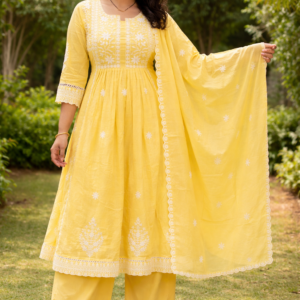 Sunshine Yellow Embroidered Anarkali Kurta Set with Dupatta for Women