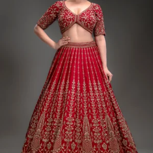 Red Zari Embroidered Silk Bridal Lehenga with Double Dupatta-JE5777