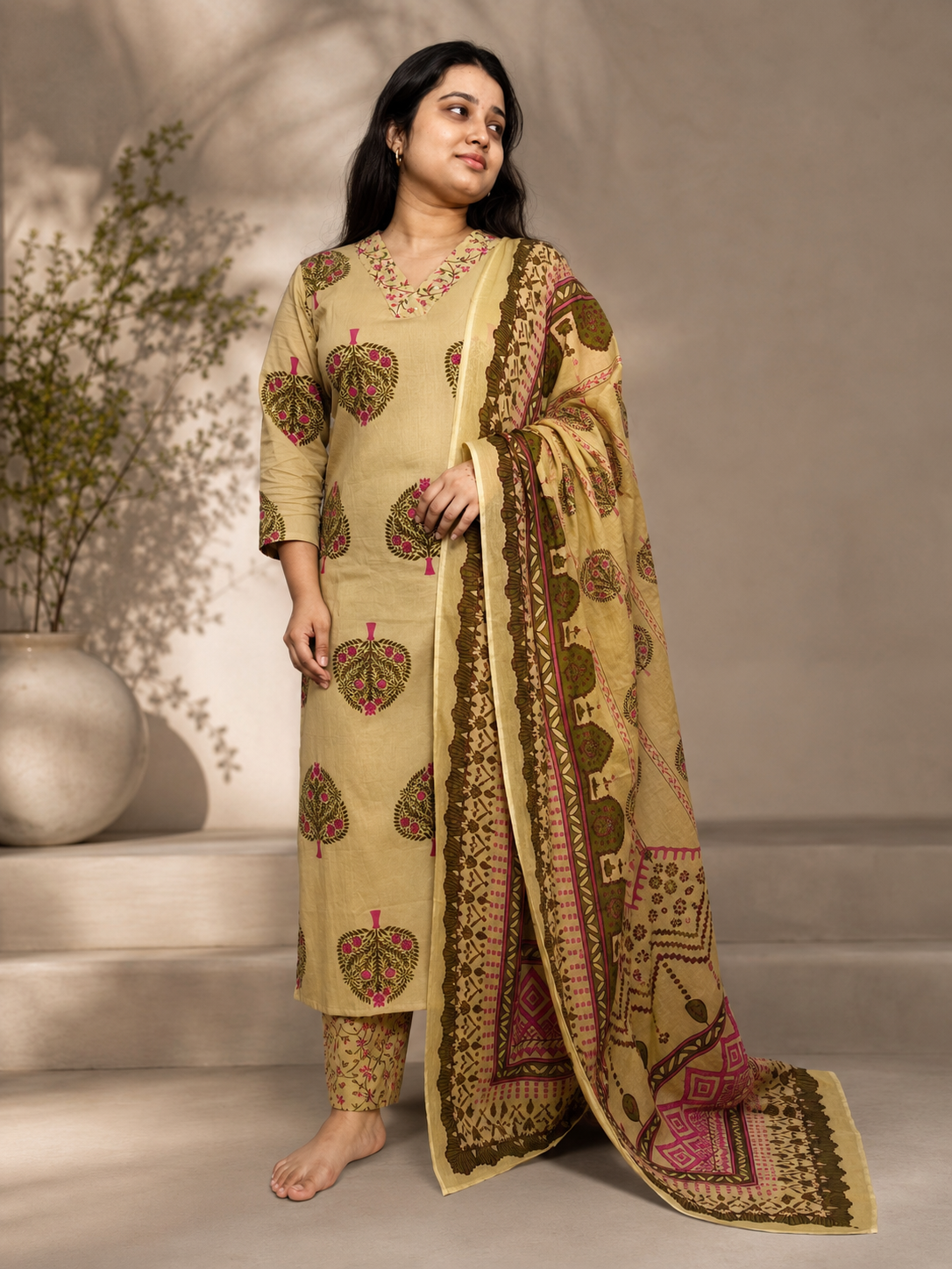 2026/07/1000452647-1.png Beige Floral Printed Cotton Kurta Set with Dupatta (3-Piece) - Image 3