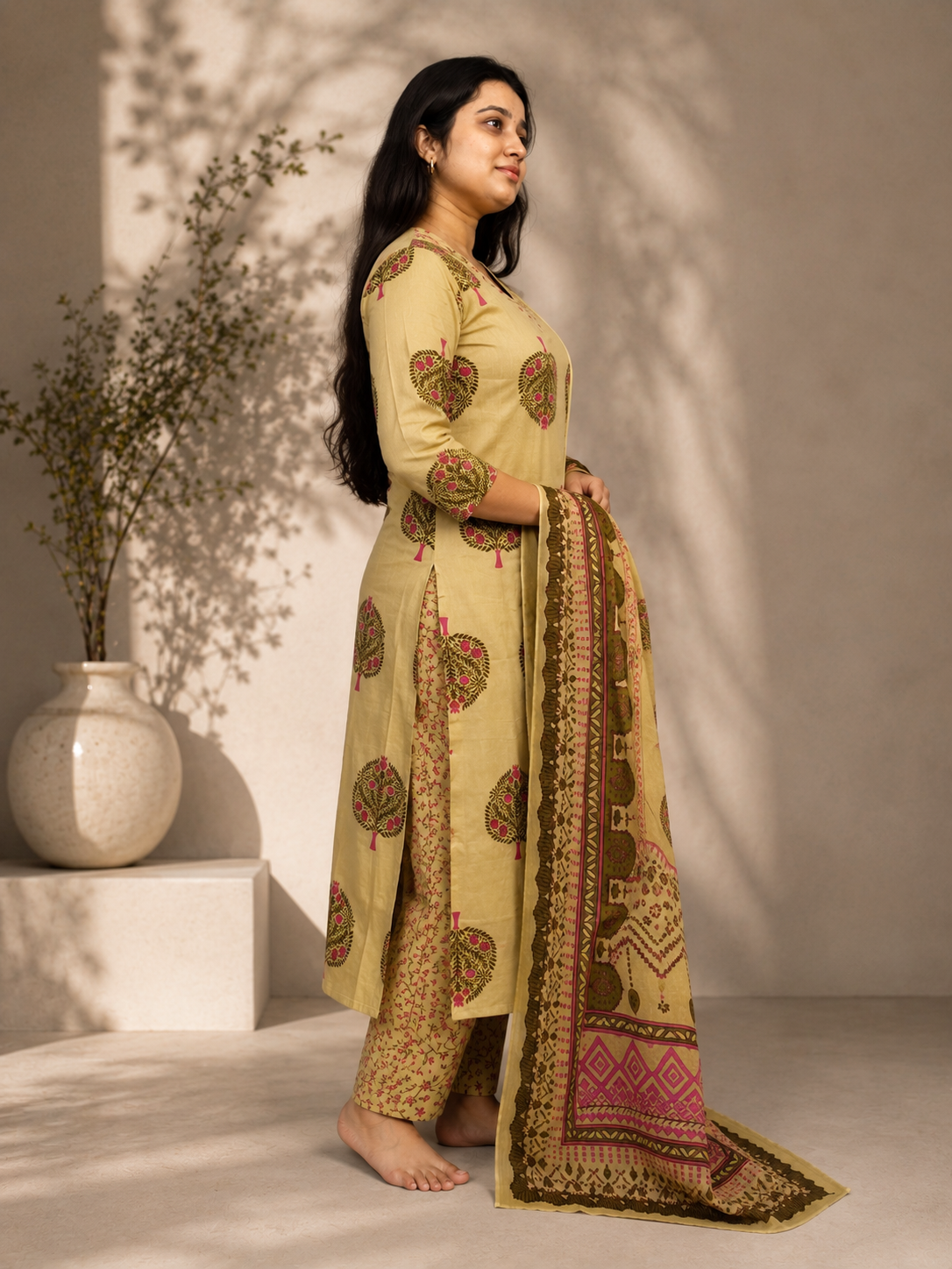 2026/07/1000452648-1.png Beige Floral Printed Cotton Kurta Set with Dupatta (3-Piece) - Image 2