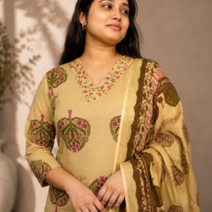 Beige Floral Printed Cotton Kurta Set with Dupatta (3-Piece)