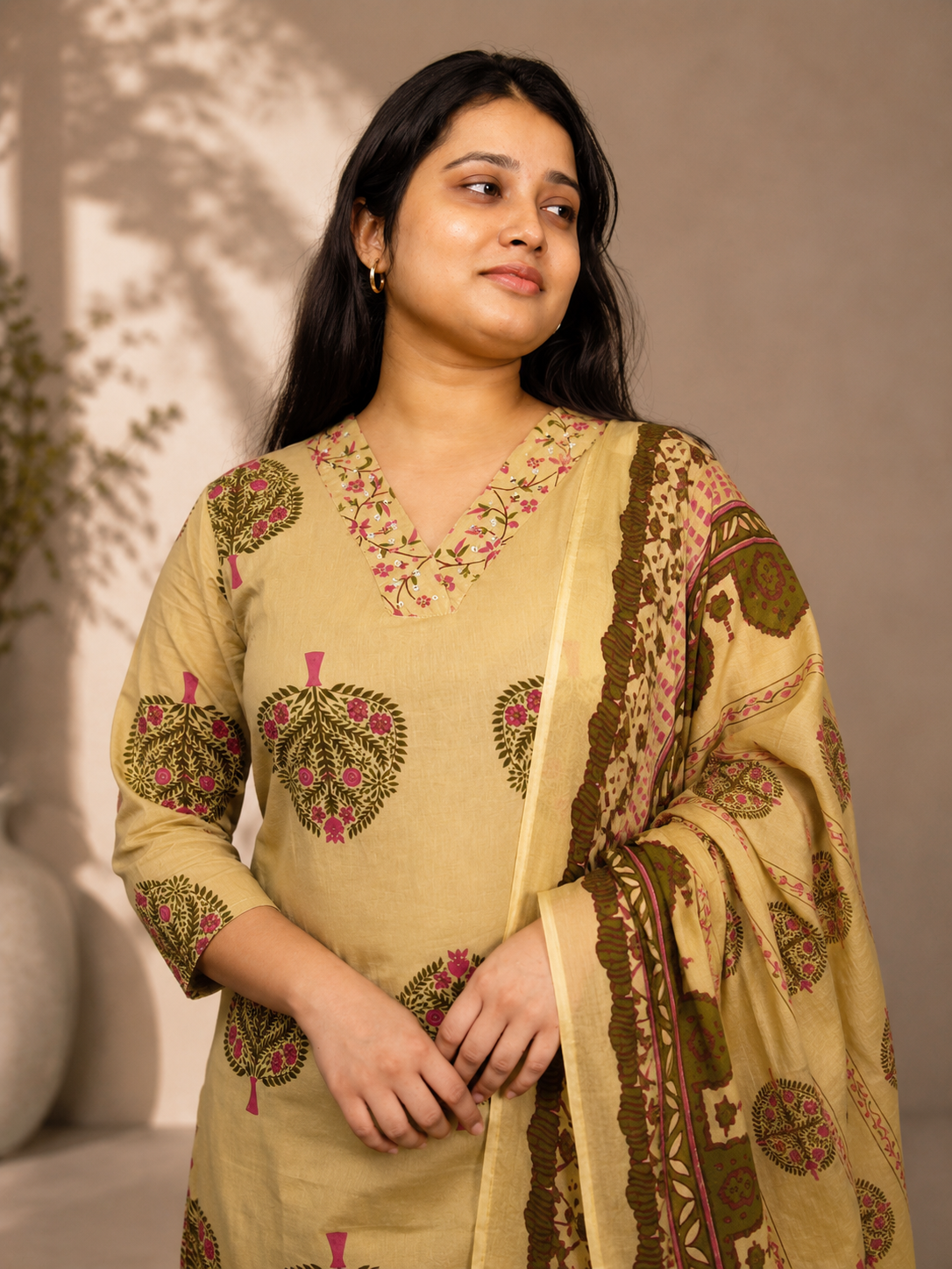 2026/07/1000452649-1.png Beige Floral Printed Cotton Kurta Set with Dupatta (3-Piece)