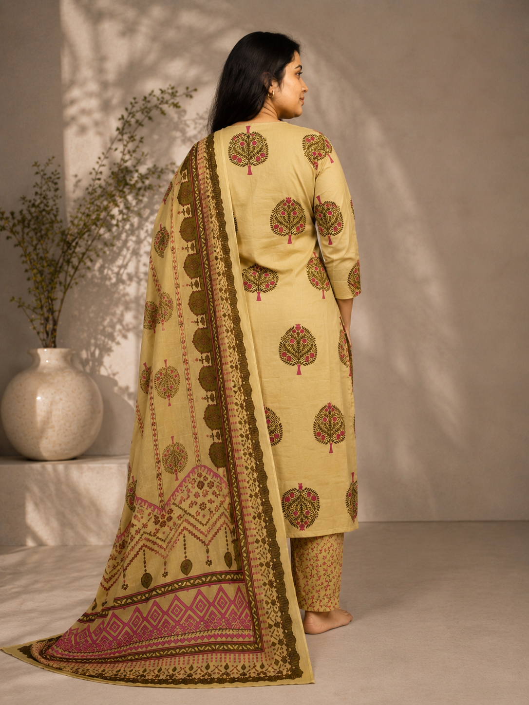 2026/07/1000452650-2.png Beige Floral Printed Cotton Kurta Set with Dupatta (3-Piece) - Image 4