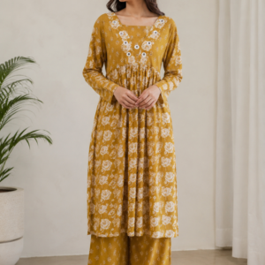 Women's Mustard Floral Cotton Co-Ord Set with Gathered Kurta & Wide-Leg Pants
