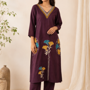 Women's Wine Cotton Embroidered Co-Ord Set with Straight Kurta & Pants