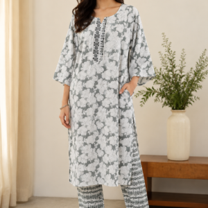 Women's Grey Floral Cotton Printed Co-Ord Set with Straight Kurta & Printed Pants