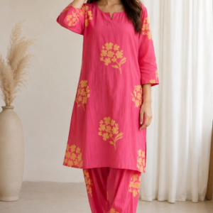 Women's Pink Floral Cotton Co-Ord Set with Straight Kurta & Printed Harem Pants