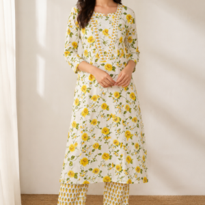 Women's White & Yellow Floral Cotton Printed Co-Ord Set with Straight Kurta & Printed Pants