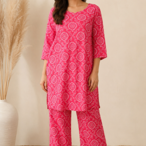 Women's Pink Cotton Printed Co-Ord Set with Straight Kurta & Wide-Leg Pants